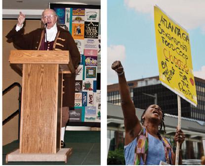 picture of ben franklin talking another image of a woman protesting with a sign